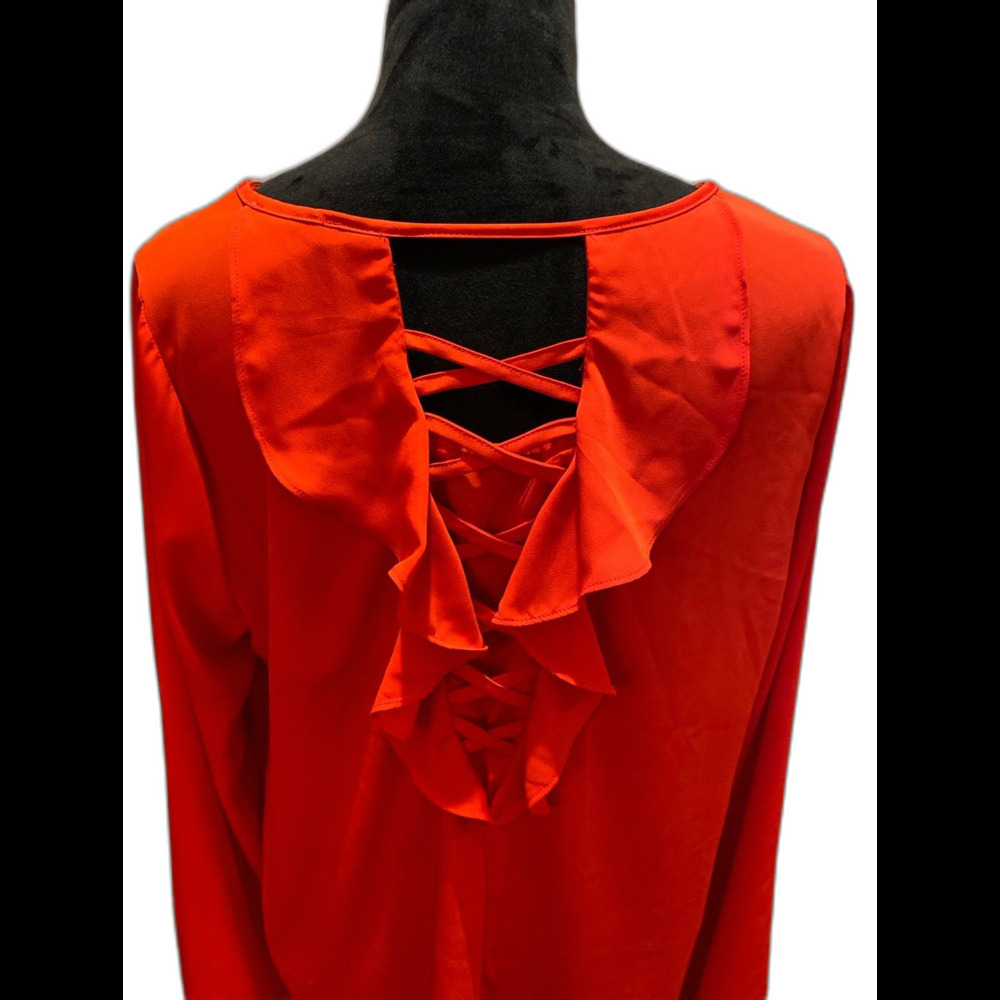 Skies Are Blue Blouse Size Large Top Red Unique‎ Ruffle Corset Back Flowy Sleeve